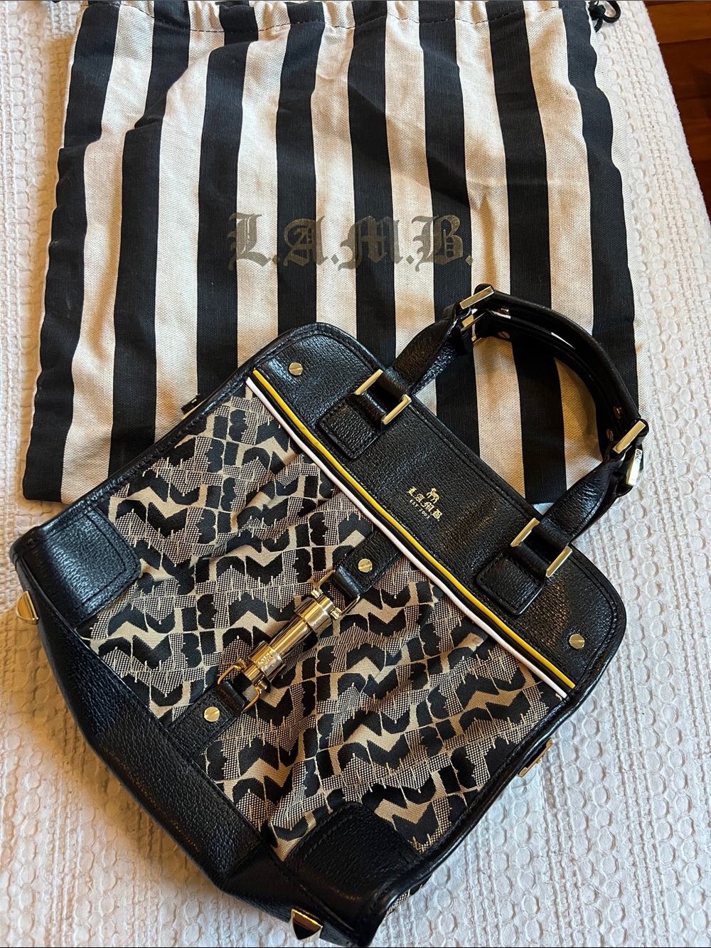 L.A.M.B. Black, Cream & Yellow Patterned Satchel with Gold Hardware